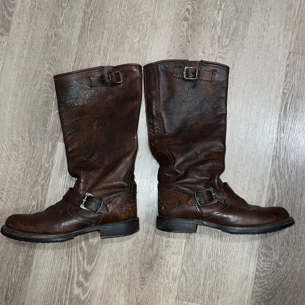 Frye Veronica tall slouch brown distressed leather moto biker boots size 10 D